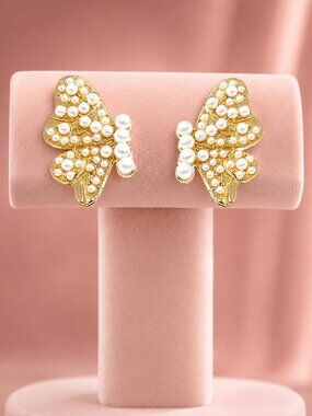 Butterfly Gold and Pearl Encrusted Winged Minimalist Hypoallergenic Earrings New